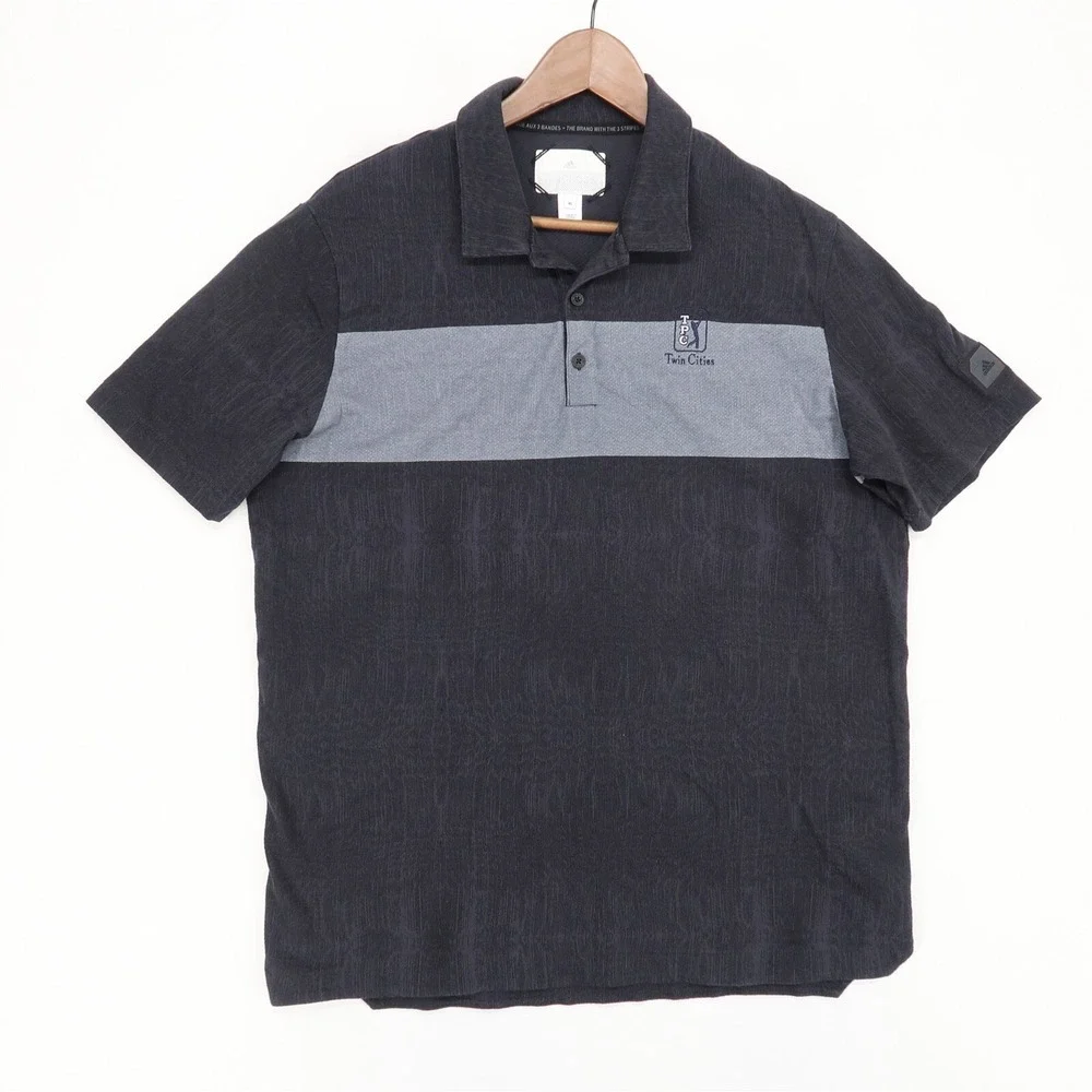 Adidas‎ Golf Polo Shirt Mens XL Black Gray Striped Short Sleeve TPC Twin Cities